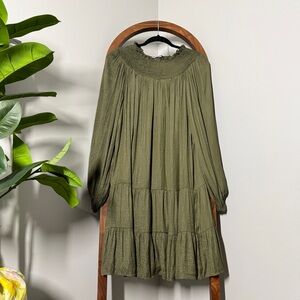 LOFT LARGE Olive Green Smocked Yoke Long Sleeve Swing Dress